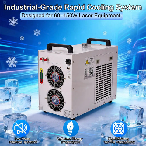 Heavy Duty Industrial Water Chiller With Six Liter Cooling Tank And Zero Point Nine Horsepower Pump To Keep CO2 Laser Engravers Locked In And Cutting Clean On The Shop Floor, featuring cooling fans and energy-efficient design.