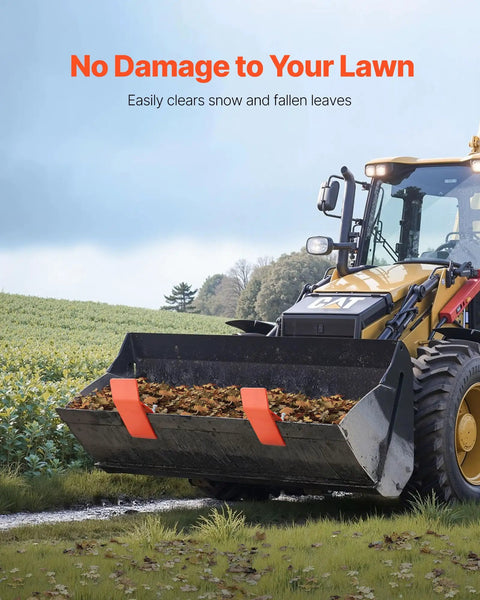 Tractor with Beefy Tractor Bucket Edge Protector Set Heavy Duty Steel Guards in orange clearing leaves safely on lawn