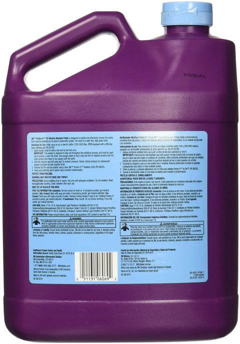 Rear view of 1-gallon purple jug, Ultrafine Machine Polish Pro Formula For Detail Junkies, Quickly Erases Ultrafine Swirl Marks.