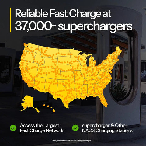 Map showcasing 37,000+ superchargers in the US. Heavy Duty NACS To CCS1 DC Fast Charging Adapter for robust charging access.