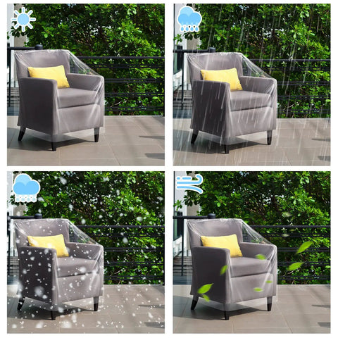 4 Pack Outdoor Clear Plastic Chair Covers Waterproof Dust Proof Fits Chairs Sofas Couches and Recliners 37 x 30 x 30 Inches Protection for Furniture Moving and Storage in various weather conditions.