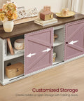 Farmhouse TV Stand Built To Handle 65 Inch TVs With Sliding Barn Doors, Rustic White And Honey Brown Entertainment Center