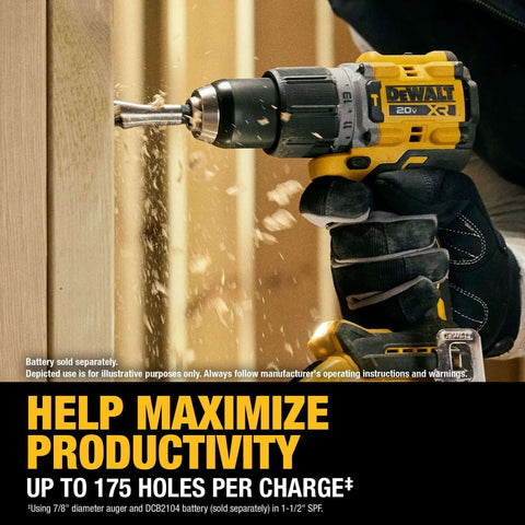 Pro Grade Brushless Cordless Hammer Drill Kit Paired With Half Inch Chuck And Five Amp Hour Battery Plus Lightning Charger drilling into wood.