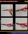 All In One 8 In 1 Hand Saw With Quick Change Blades For Drywall Sheetrock Wood Metal Plastic Plywood Includes Hacksaw Jab Saw Long Blade And Lockback Mechanism Red Non Slip Handle shown in use