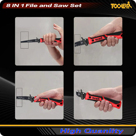All In One 8 In 1 Hand Saw With Quick Change Blades For Drywall Sheetrock Wood Metal Plastic Plywood Includes Hacksaw Jab Saw Long Blade And Lockback Mechanism Red Non Slip Handle shown in use