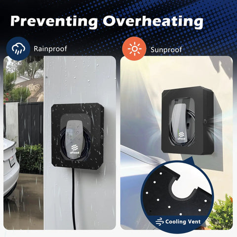 Tough As Nails Outdoor EV Charger Enclosure Wall Box With Combo Lock For Tesla And Chargepoint. Black steel, rainproof, and sunproof design.