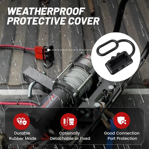 Red Wolf 175 Amp Battery Quick Connector And Jumper Cable Plug weatherproof cover protecting connections from rain and moisture.