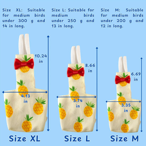 Bird Diaper Harness And Leash Set For Pets in lemon yellow, sizes XL, L, M with red bow, for medium birds, breathable cotton.