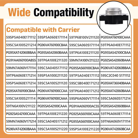 Wide compatibility chart for Carrier HVAC models with Two Pack 338096-701 Limit Switch L180-20F Replacement For Furnace Auto Reset High Limit Switch With Overheat Protection.