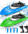 2 Pack Dope RC Boats for Pools and Lakes, blue and green high-speed speed boats with remotes, batteries, and tools