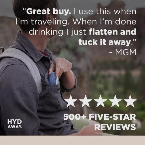 Person placing 25oz Collapsible Travel Water Bottle With Leakproof Flip Top Lid BPA Free in backpack with 5-star reviews