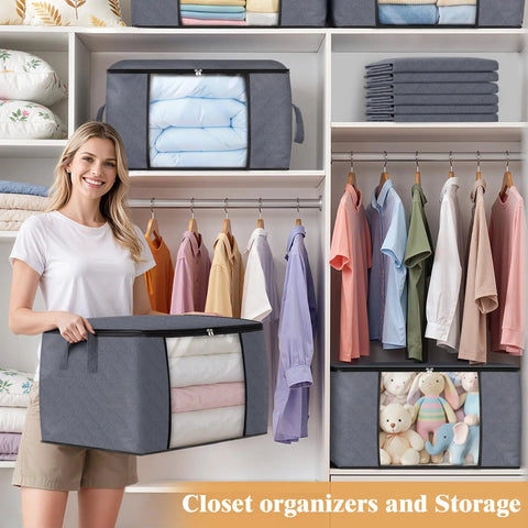 Top Notch Storage Bags For Clothes And Blankets With Secure Lids 6 Pack Non Woven Fabric Bins Featuring Clear Pvc Windows Reinforced Handles And Heavy Duty Quick Lock Zipper