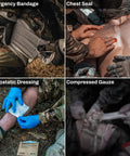 Rhino Rescue car tactical IFAK collage showing emergency bandage, chest seal, hemostatic dressing, and compressed gauze.