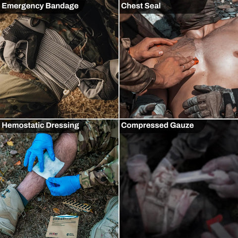 Rhino Rescue car tactical IFAK collage showing emergency bandage, chest seal, hemostatic dressing, and compressed gauze.