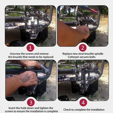 Installation steps for Right Hand Steering Knuckle Spindle For Go Karts Compatible With KT196 CK196 T KT194 196cc 6.5 HP Gas Powered Models Replacement Quad Part For Steering Linkage And Suspension displayed in four panels.