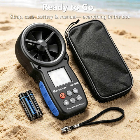 Digital Handheld Wind Speed Meter With Temperature And Wind Chill Readouts, High Precision Anemometer For HVAC, Camping And DIY Projects, Measures 0.67 To 67.1 Mph With About 2 Percent Accuracy, with case, strap, and batteries