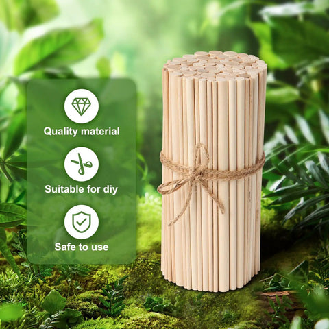 100 Piece Solid Wood Dowel Rods Assortment With 1/8 3/16 1/4 5/16 3/8 Inch Diameter By 6 Inch Length bundled with twine.