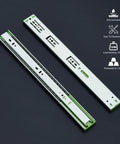 Two Pairs 18 Inch Soft Close Drawer Slides Beefy Heavy Duty Full Extension Ball Bearing Self Closing Side Mount For Kitchen Cabinets RVs And Tool Boxes 150 LB Capacity, shown with anti-corrosive and easy disassembly features.