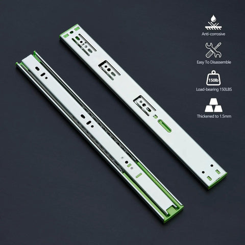 Two Pairs 18 Inch Soft Close Drawer Slides Beefy Heavy Duty Full Extension Ball Bearing Self Closing Side Mount For Kitchen Cabinets RVs And Tool Boxes 150 LB Capacity, shown with anti-corrosive and easy disassembly features.
