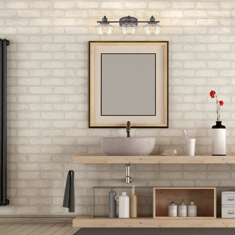 26 Inch 3 Light Traditional Schoolhouse Vanity Light With Clear Glass Shades In Gray Finish over bathroom sink