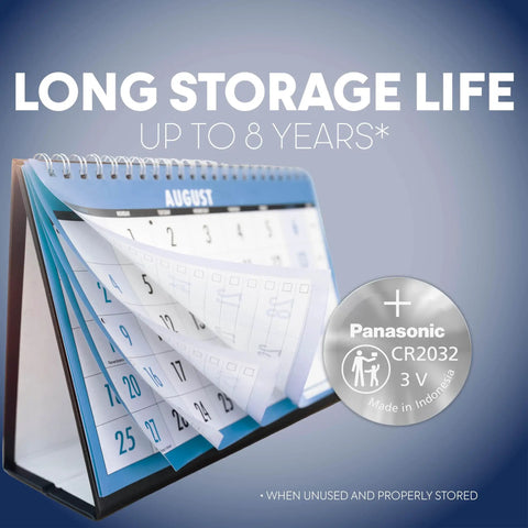 Image showing a calendar page flipping, with 'Long Storage Life Up to 8 Years' and Panasonic CR2032 3V battery details.