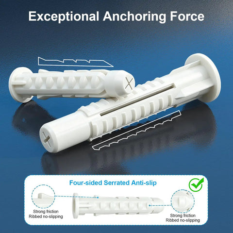 12 Piece Concrete Wall Anchor Set For TV Mounts And Shelves Includes 10x50mm And 10x60mm Expansion Bolts For M7 And M8 Screws Heavy Duty Masonry Mounting Hardware, white plastic concrete wall anchors with serrated anti-slip ribs