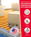 Polyurethane coated roller and bracket set for conveyor systems showing smooth operation with cardboard boxes in industrial setting.