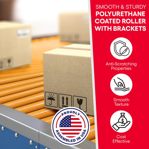 Polyurethane coated roller and bracket set for conveyor systems showing smooth operation with cardboard boxes in industrial setting.