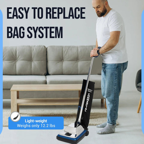 Heavy Duty 12 Inch Commercial Vacuum Cleaner With Shake Out Bag For Carpets And Hard Floors Features Lightweight Chrome Hood And Auto Height Adjustment High Speed Brush Roll That Slams Dirt Like A Boss Perfect For Busy Shops And Offices