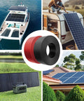 Image of 2x 50ft 10AWG Solar Panel Wire Kit in black and red for off-grid solar on boat, RV, and roof with visible solar panels.