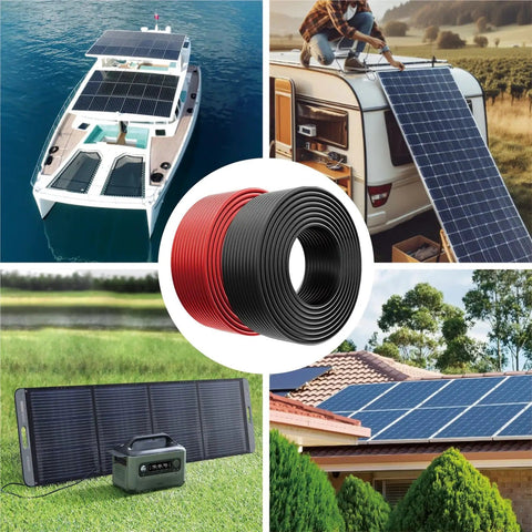 Image of 2x 50ft 10AWG Solar Panel Wire Kit in black and red for off-grid solar on boat, RV, and roof with visible solar panels.
