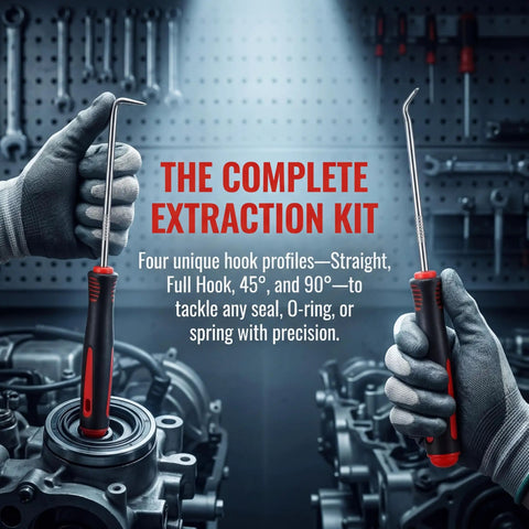 Gloved hands holding picks from Pro Grade 4 Piece Lock Pick And Hook Tool Set for auto and electronics repair in a workshop setting.