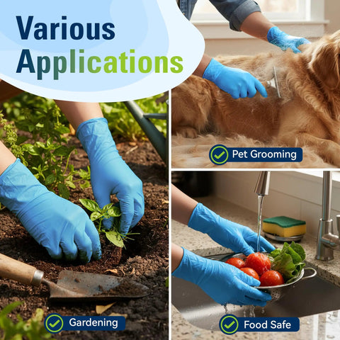 Blue Nitrile Food Prep Gloves Disposable Latex Free Ultra Thin Design Fits Snug And Moves Smooth used for gardening, pet grooming, and washing food.
