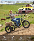 Two Seater Electric Tricycle For Adults With Peak 1500W Power Fat Tire Twenty Inch By Four Inch 48V 18Ah Battery Three Amp Charger Top Speed 15 MPH UL2849 Certified Long Range Up To 65 Miles Front Parking Brake Basket Differential, side view on dirt hill