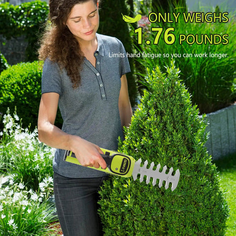 Person using 12V Cordless 2 In 1 Hedge Trimmer And Grass Shears For Quick No Fuss Pruning Lightweight Handheld Electric Shrub Tool on bush