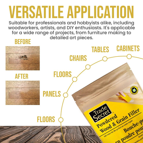 No Drama Wood Filler Powder For Straight Shooting Grain Repair And Total Game Changing White Oak Tintable Mix With Water to show before and after wood repair.