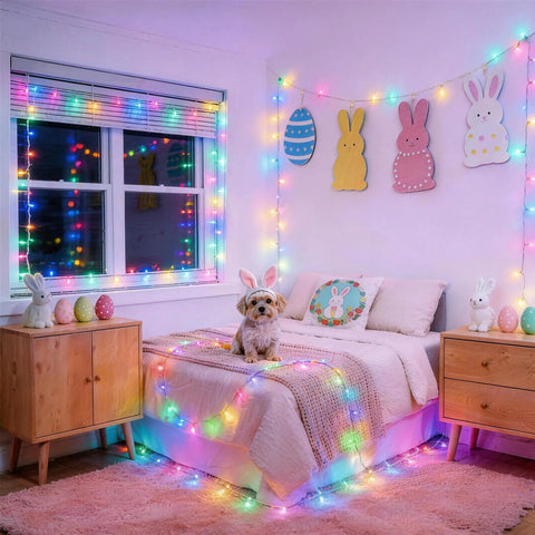 Pastel Outdoor String Lights 66ft 200 LED With 8 Modes Waterproof Plug In Connectable Twinkle Fairy Lights in a bedroom scene