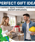 Couple exchanging gifts, promoting Epoxy Shoes With 9 Inch Spiked Roller For Smooth Garage Floors, Floor Spiked Tools product.
