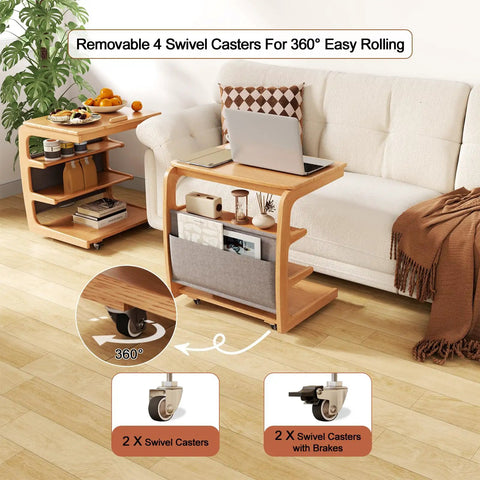 C Shaped Rolling Side Table With Wheels Solid Wood 4-In-1 Adjustable Desktop Compact Under Sofa Or Bed Perfect Small Rolling Desk