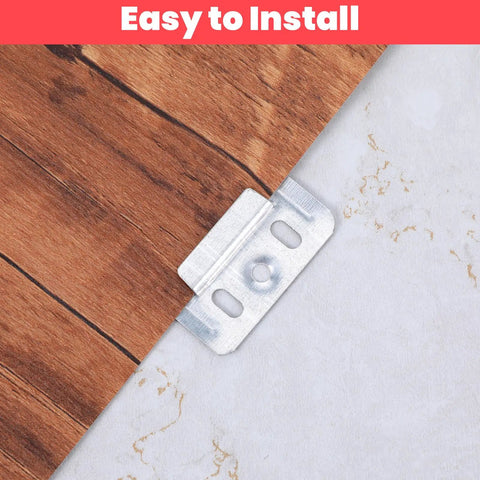 100 Pack Premium Heavy Duty Stainless Steel Z Clips For Seamless Wall Panel Mounting And Dead Tight Flush Installation Rock Solid Reinforced Brackets Quick Snap DIY Hardware, close-up of Z clip attached to wood panel.