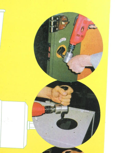 Beefy Double Head Sheet Nibbler Cutter Drill Attachment Set in use on metal sheet, showing cutting action for brass and aluminum work
