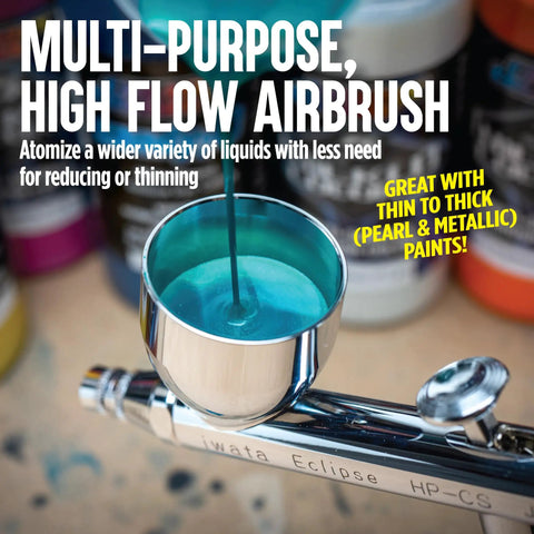 Eclipse HP-CS Airbrush Gravity Feed Dual Action with teal paint in 0.24 oz cup, highlighting multi-purpose use for artists and crafts.