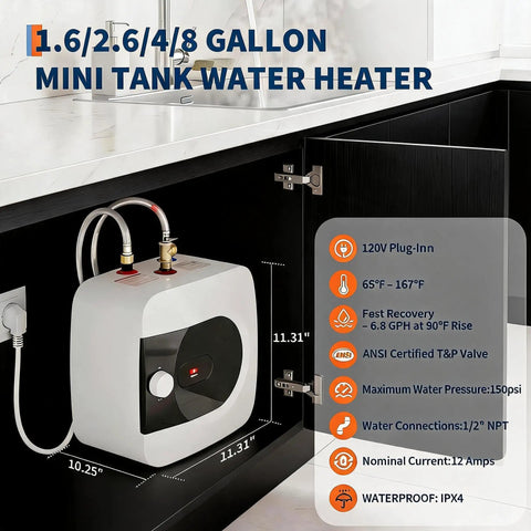 4 Gallon Mini Tank Under Sink Water Heater Pumps Out Heat On Tap For Kitchens And Bathrooms With Compact Footprint, installed under sink.
