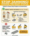 Guide for heavy duty projects showing compatible models for 18 gauge staples, woodwork and construction uses.