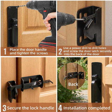 Installation steps for Heavy Duty Thumb Latch Self Locking Gate Latch For Wooden And Vinyl Fences 9 Inch Handle, includes drilling.