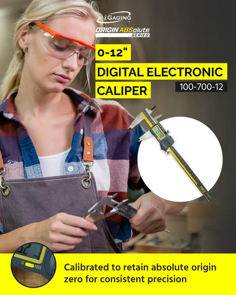 Absolute Origin 0 To 12 Inch Digital Caliper With Stainless Steel IP54 Rating SPC USB Output Inch And Metric Modes Case Manual Battery Included For Precise Measurements And No Fuss Data Transfer