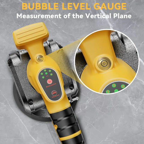 Close-up of Cordless Tile Vibration Tool with 5 speed settings, 20V battery compatible, showing bubble level gauge and lock design