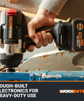 Badass 20V Brushless Cordless Impact Wrench delivers sick 1400 Ft Lbs torque, shown in use on tough materials.
