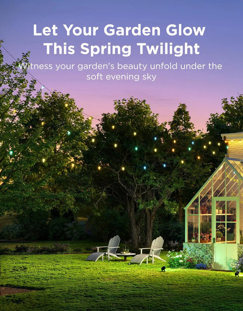 Clear Bulb Outdoor String Lights, 96ft RGBWIC Dimmable Patio And Backyard Lighting illuminating a garden at twilight.