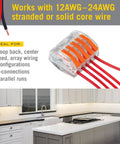 Five Port Lever Wire Connector Six Pack High Capacity Quick Connect Terminal For Led Strip And Under Cabinet Lighting with red wires.